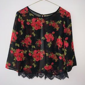 Black and Red Floral Print Long Sleeve Top